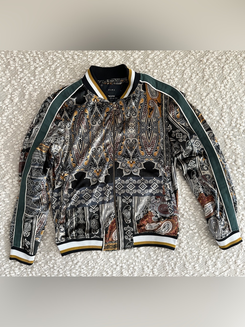 Zara Velvet Paisley Patchwork Bomber Jacket Medium Unisex Full Zip Track M
